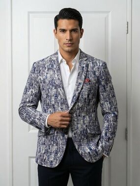 Men's Patterned Blue & White Blazer - Modern Tailored Jacket